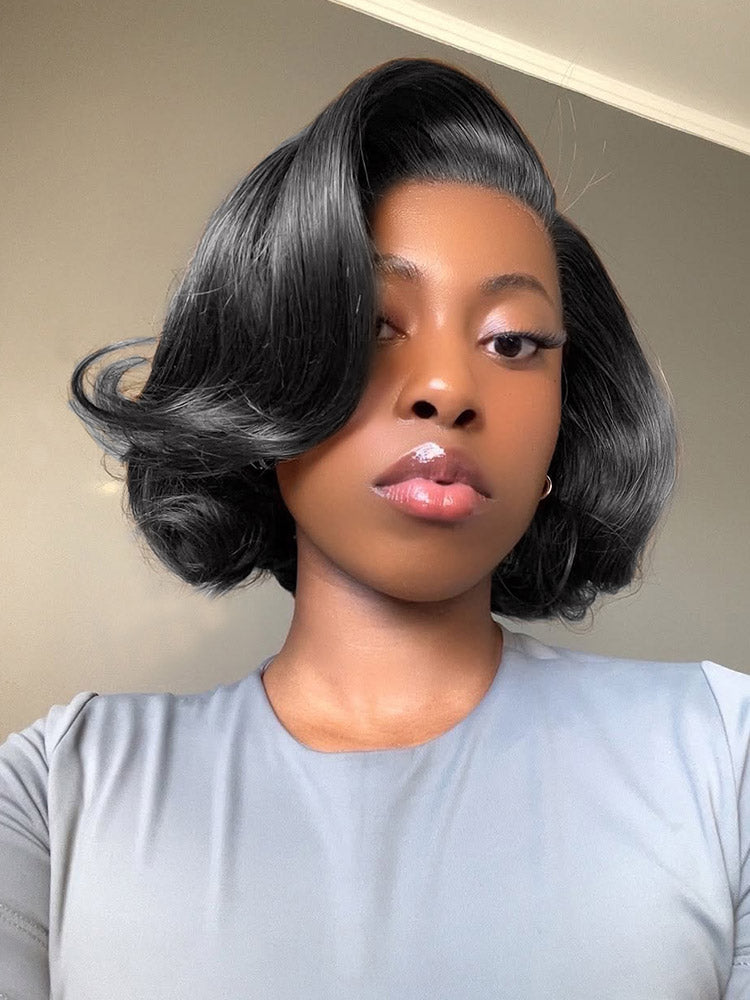 Moshe Side Part Bleached Knots Blow Out Layer Cut Bob Straight Wigs Glueless Lace Natural Look 200% Density
