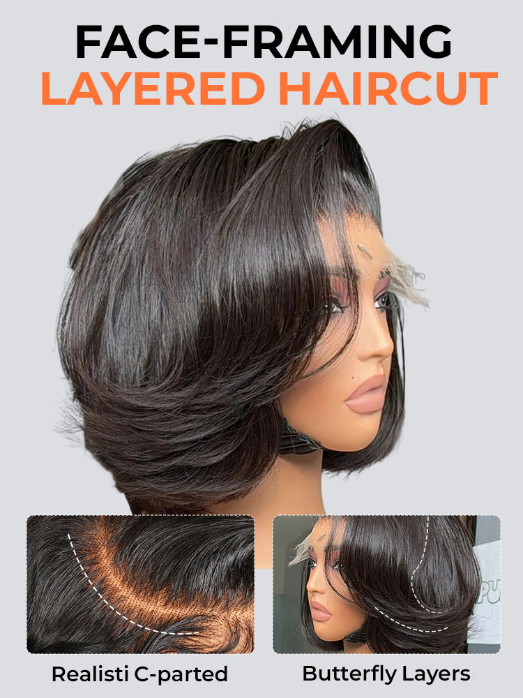 Moshe Side Part Bleached Knots Blow Out Layer Cut Bob Straight Wigs Glueless Lace Natural Look 200% Density