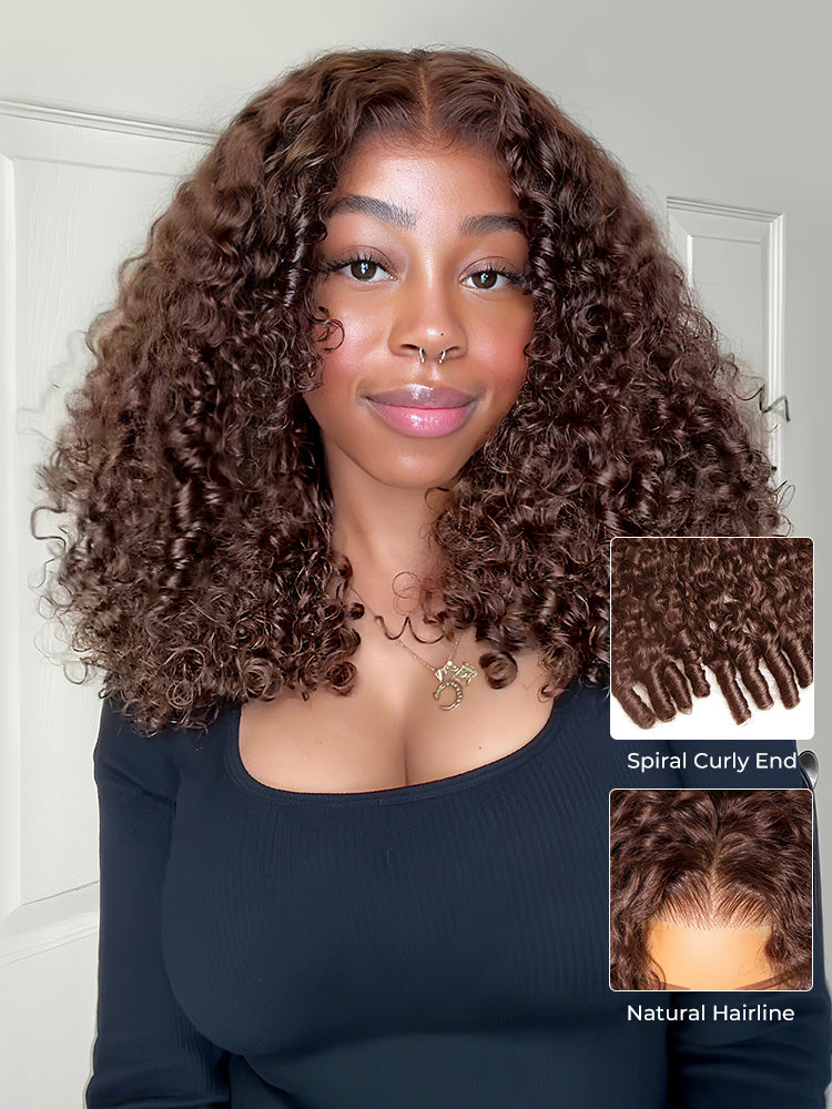 Moshe Chocalate Brown Burmese Curly End Wigs Glueless Wear Go Wig HD 13X4 Lace with Bleached Knots