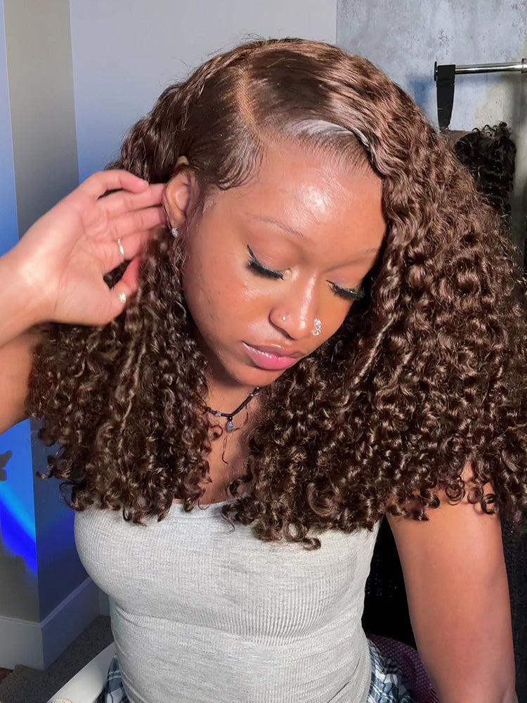 Moshe Chocalate Brown Burmese Curly End Wigs Glueless Wear Go Wig HD 13X4 Lace with Bleached Knots
