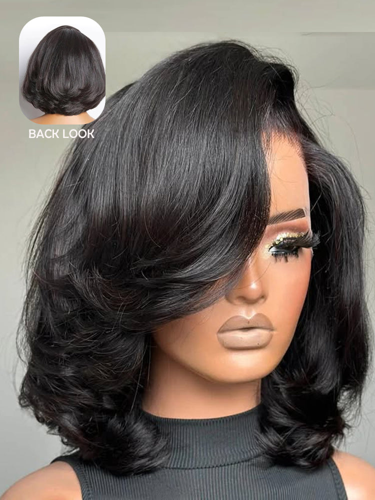 Moshe Side Part Blow Out Layer Cut Bob Yaki Straight Wigs Glueless Lace Natural Look 210% Density