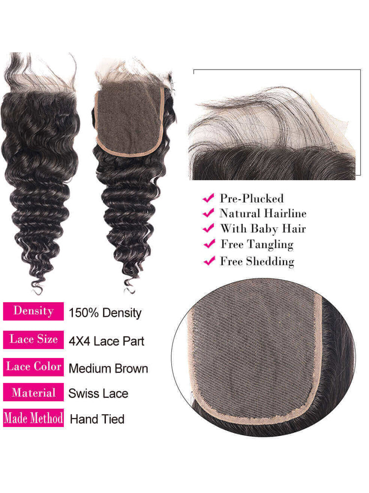 Moshe Deep Wave Human Hair Bundles with Closure/Frontal Hair Extensions