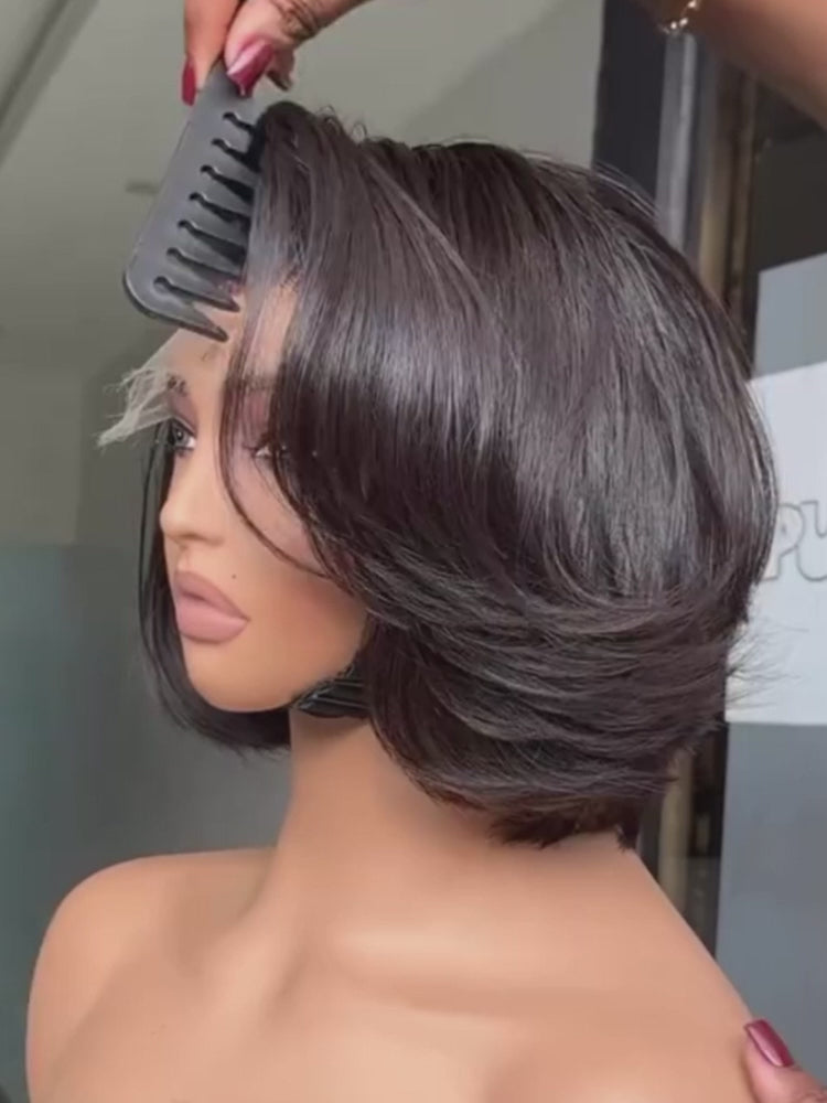 Moshe Side Part Bleached Knots Blow Out Layer Cut Bob Straight Wigs Glueless Lace Natural Look 200% Density