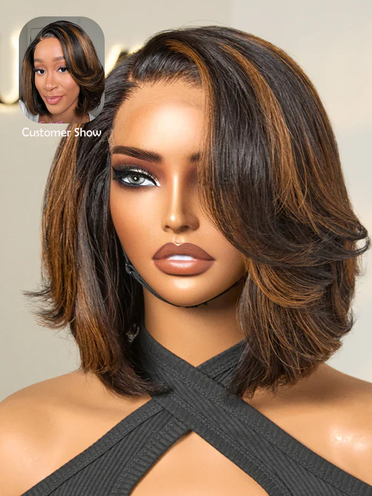 Moshe Side Part Bleached Knots Blow Out Layer Cut Bob Straight Wigs Glueless Lace Natural Look 200% Density