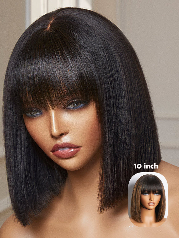 Moshe 12A 4*1 Lace Yaki Straight Bob Wigs with Bangs Natural Look 180% Density
