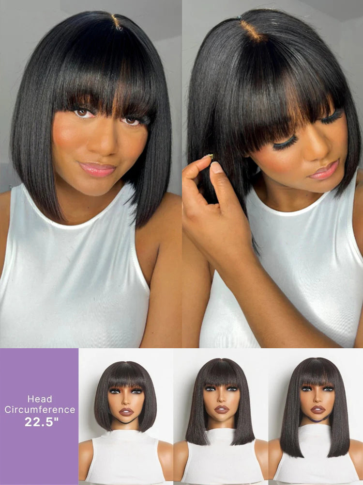 Moshe 12A 4*1 Lace Yaki Straight Bob Wigs with Bangs Natural Look 180% Density