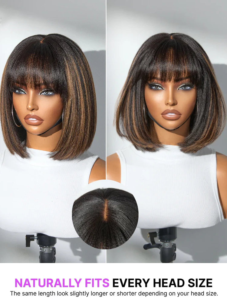 Moshe 12A 4*1 Lace Yaki Straight Bob Wigs with Bangs Natural Look 180% Density