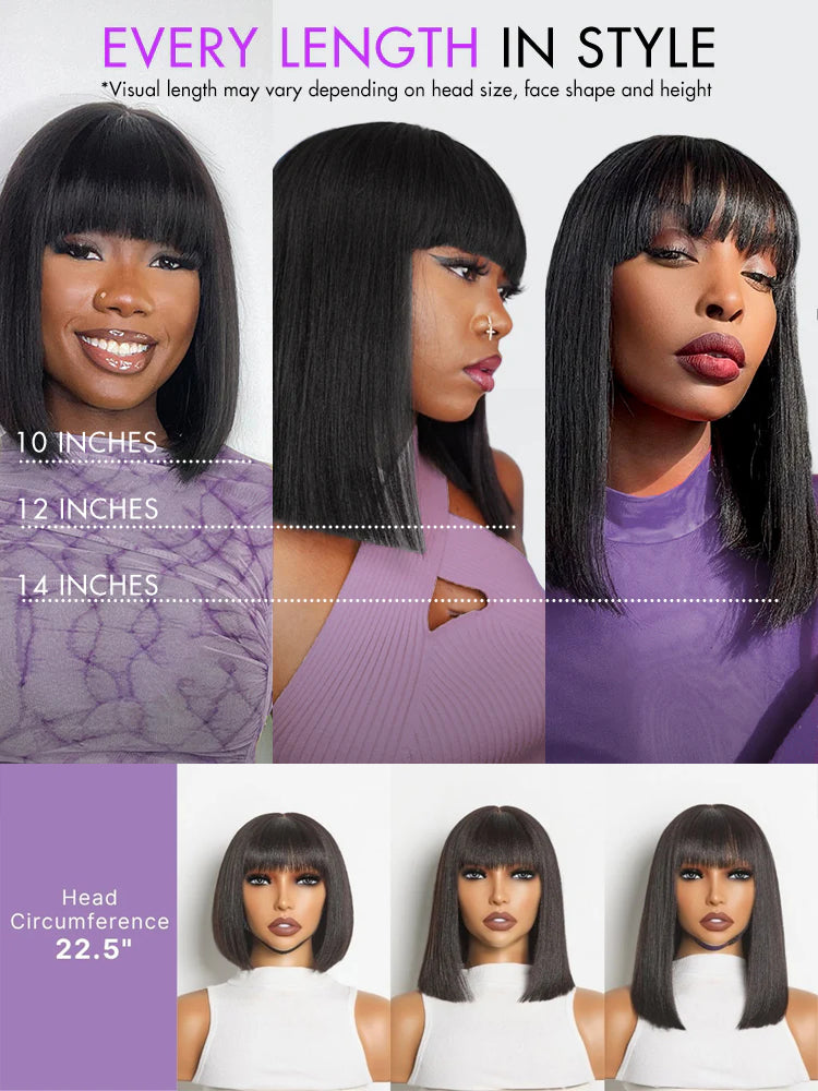 Moshe 12A 4*1 Lace Yaki Straight Bob Wigs with Bangs Natural Look 180% Density