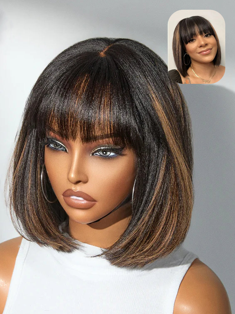 Moshe 12A 4*1 Lace Yaki Straight Bob Wigs with Bangs Natural Look 180% Density