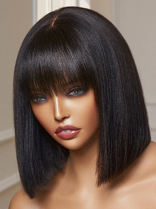 Moshe 12A 4*1 Lace Yaki Straight Bob Wigs with Bangs Natural Look 180% Density