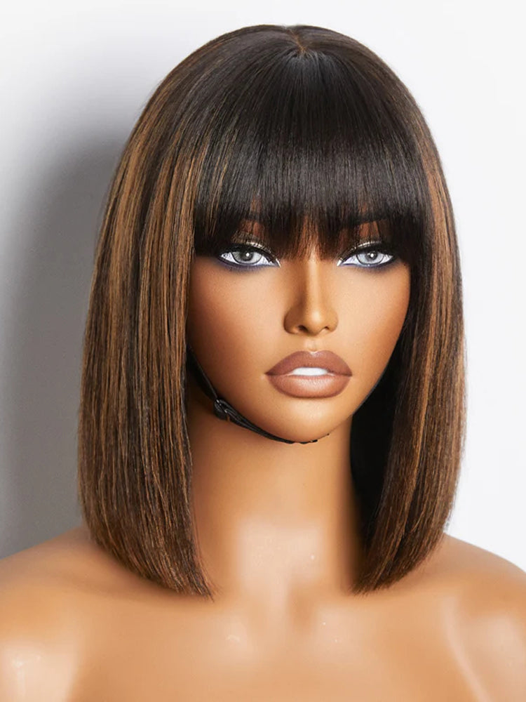Moshe 12A 4*1 Lace Yaki Straight Bob Wigs with Bangs Natural Look 180% Density